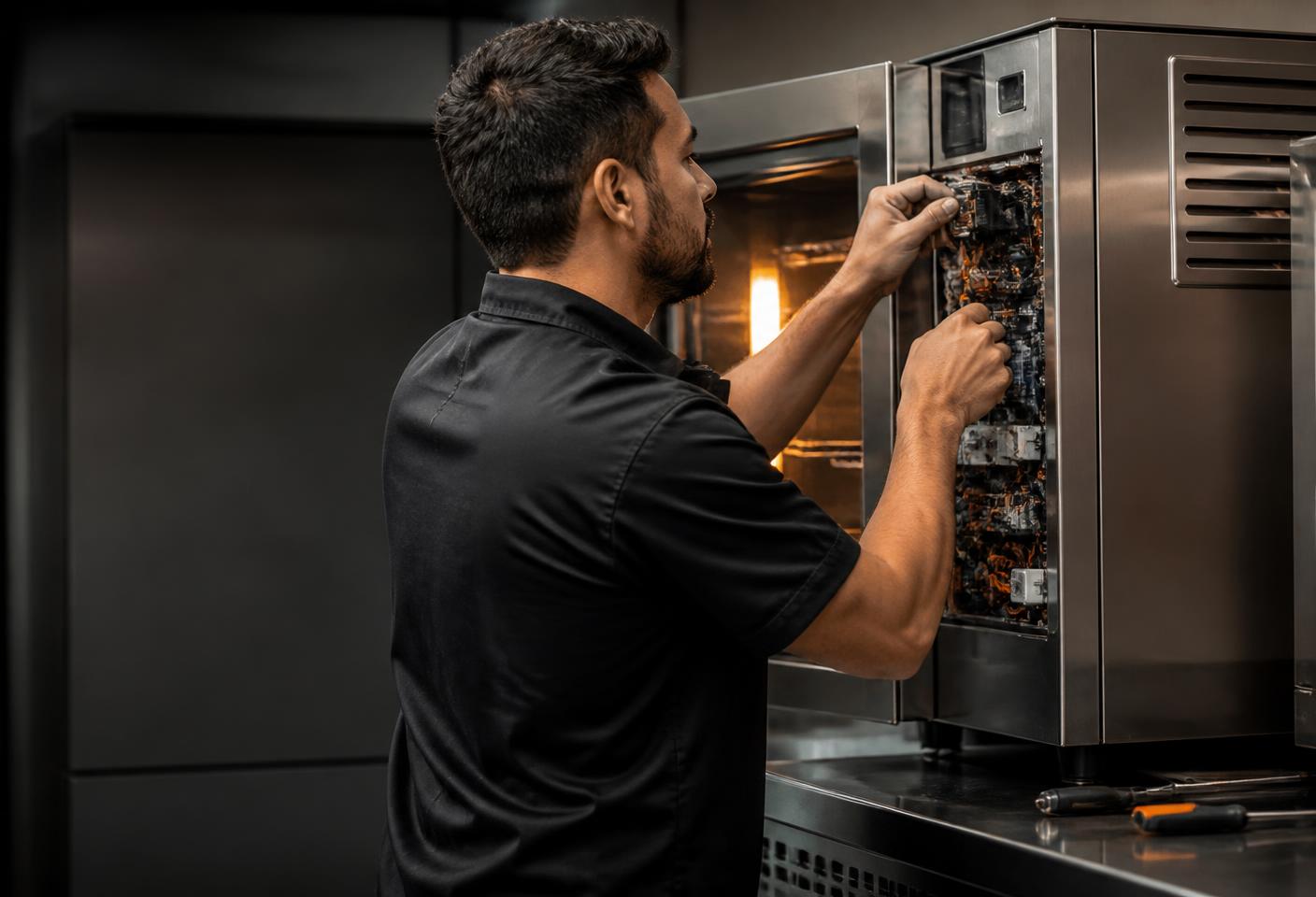 Técnico realizando manutenção em forno profissional